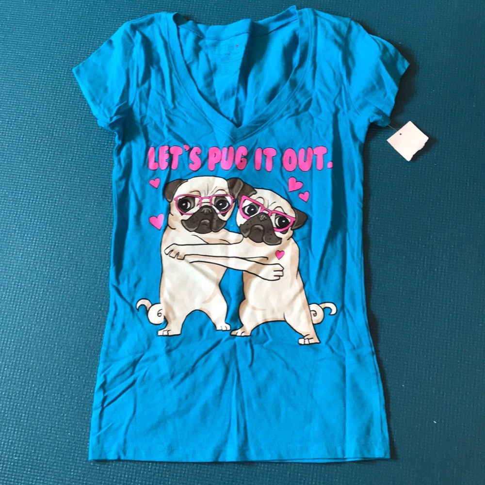 Let’s pug it out teal blue & pink fitted t-shirt